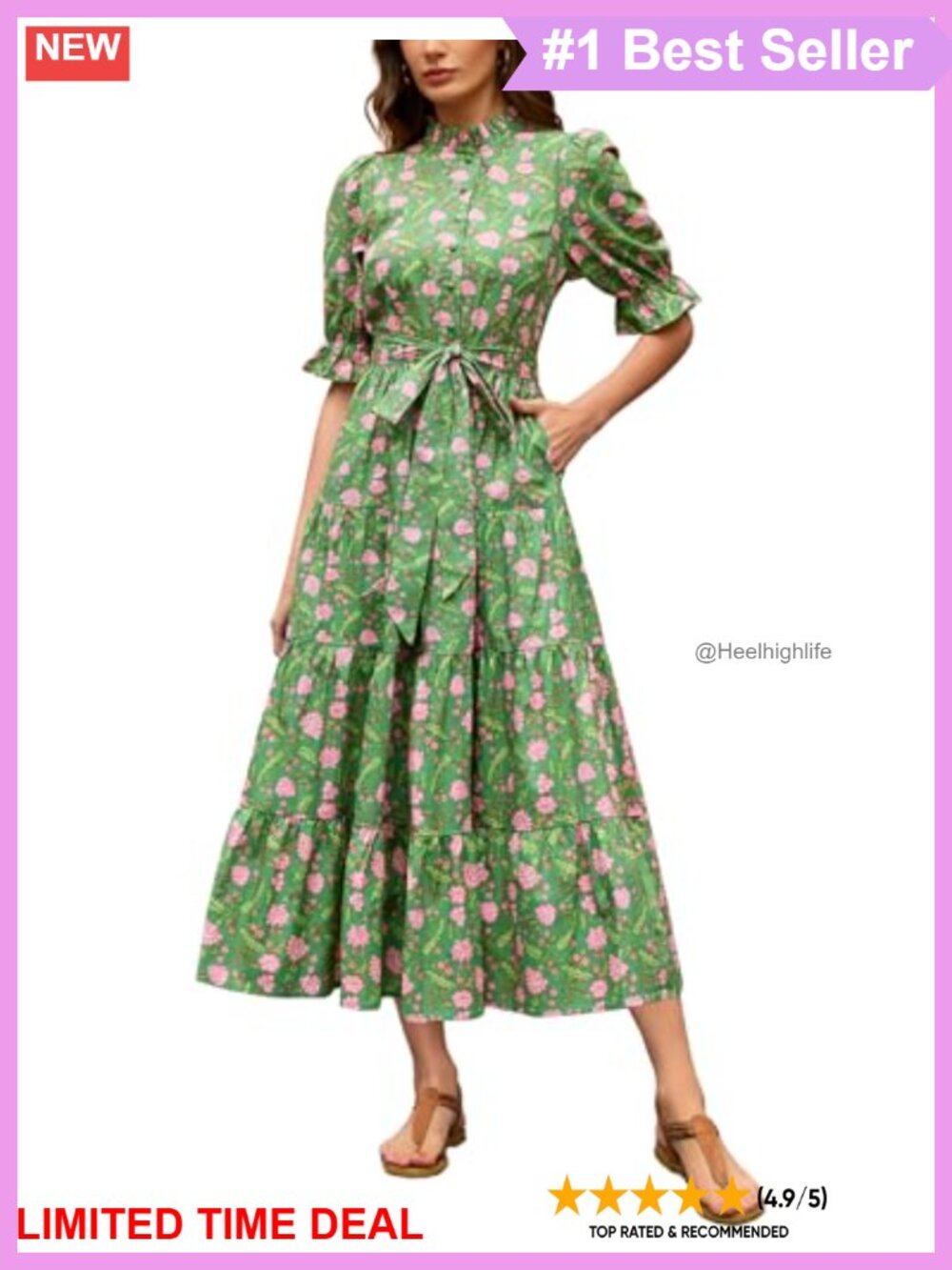 100% Cotton Floral Midi Dress Ruffle Collar Half Sleeve Button Down